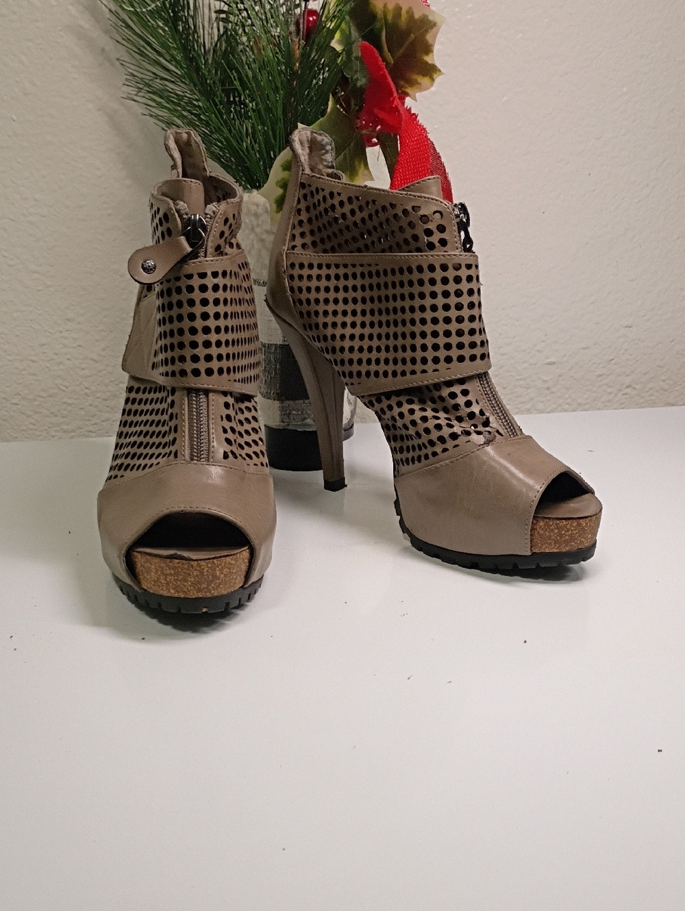 Vera Wang Taupe Perforated Peep-Toe Stiletto Booties